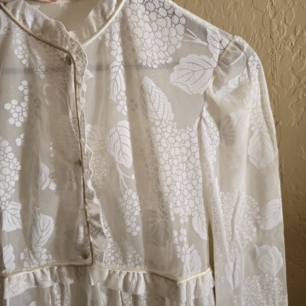 Vintage 70s White Sheer Devoré Floral Prairie Dress Romantic Boho Midi - Picture 6 of 14